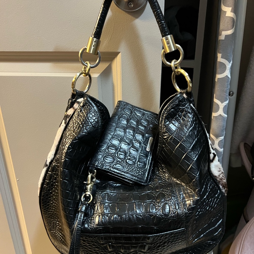 Brahmin Black Crocodile-Embossed Hobo Bag